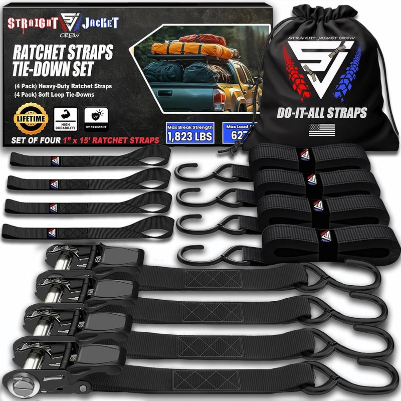 Straight Jacket Crew Ratchet Tie Down Straps (4 Pack) - 1,823lb Max Break Strength incl. (4) Heavy Duty 1" x 15' Rachet Tie Downs with Hooks & Handles Best for Moving Securing Cargo by (Black) - Image 1
